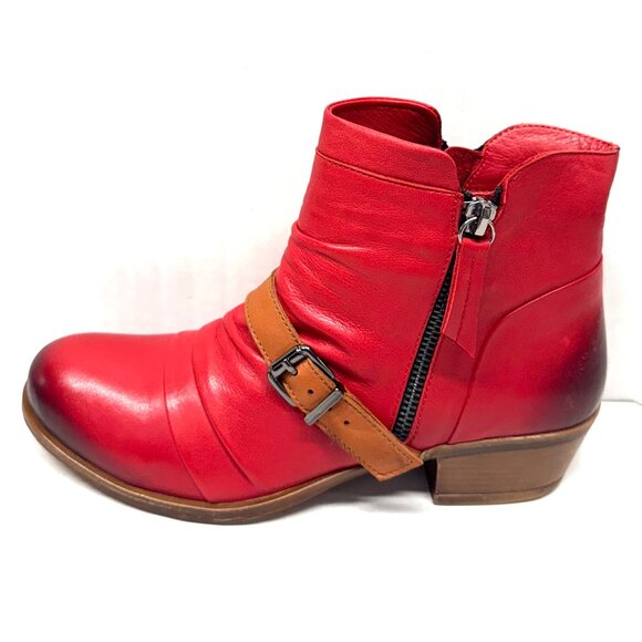 MIZ MOOZ SOFT RUCHED LEATHER BOOTIE SIDE ZIP BUCKLE RED 37EU / 7US # Z-130 - Picture 4 of 5